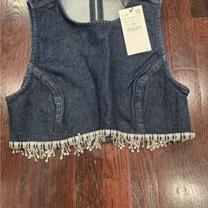 Zara Blue Denim Crop Top with Beaded Fringe